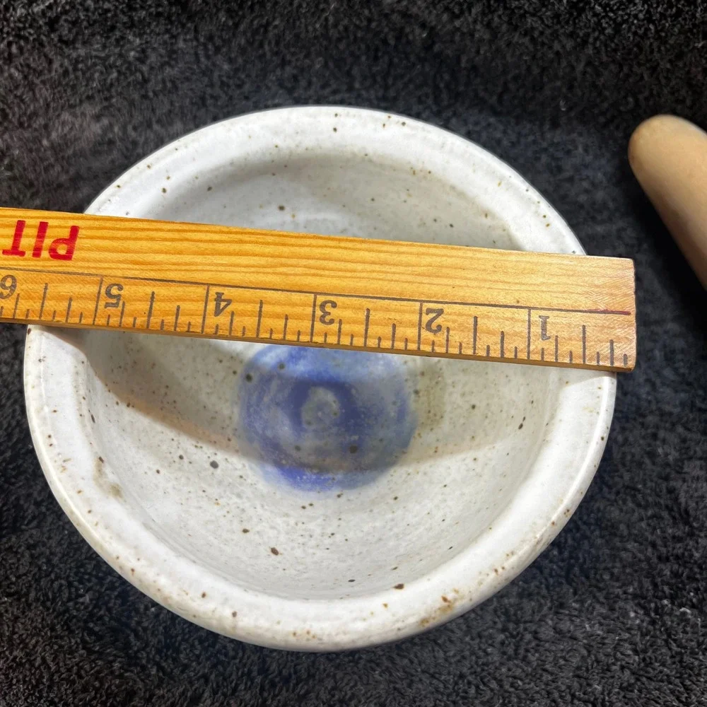 Amanda Ruth Studio Pottery Mortar and Pestle Set Ceramic Wood 1985 Signed